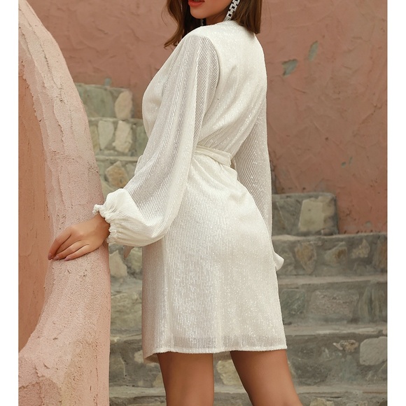 White Long Sleeve Sequin Belted Wrap Dress - Picture 3 of 12